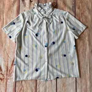 ❤️SOLD❤️Vintage Blouse Button Up White Polka Dot Blue Short Sleeve Tie Bow
